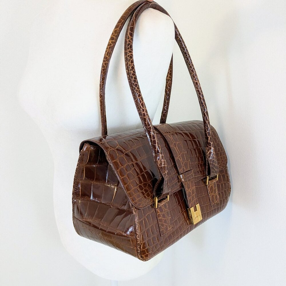 Lambertson Truex Cognac Crocodile satchel bag leather